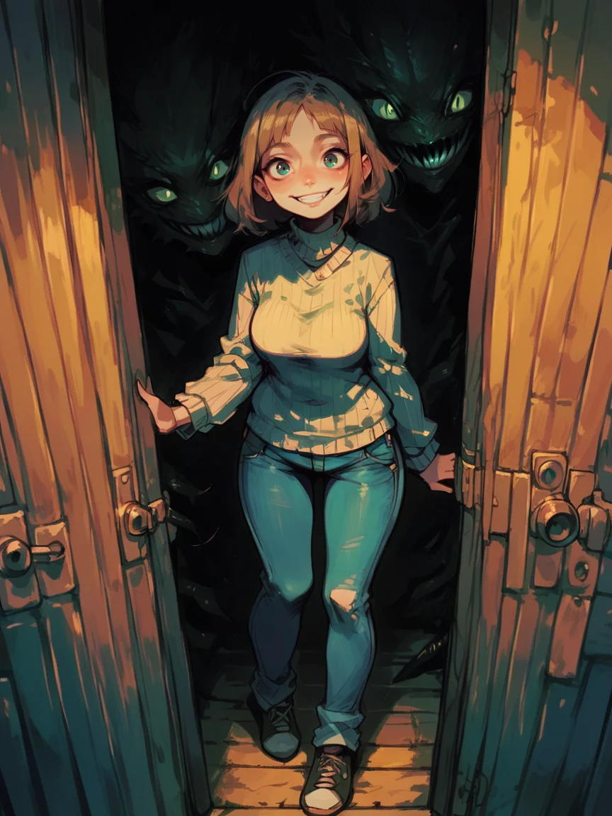 score_9, score_8_up, score_7_up, score_6_up, monster, smile, <lora:cr33pp41ntXLP:1> cr33pp41nt, dark, doorway, curvy, sweater, jeans