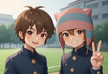 score_9, score_8_up, score_7_up, source_anime, highly detailed, 2boys,
matsuno, 1boy, male focus, brown hair, ponytail black eyes, hat, animal hat, BREAK
handa, 1boy, male focus, brown hair, hair between eyes, brown eyes, BREAK
school uniform, gakuran, jacket, blue jacket, long sleeves, buttons, pants, blue pants, upper body, smile,
outdoor, looking at viewer, v sign,