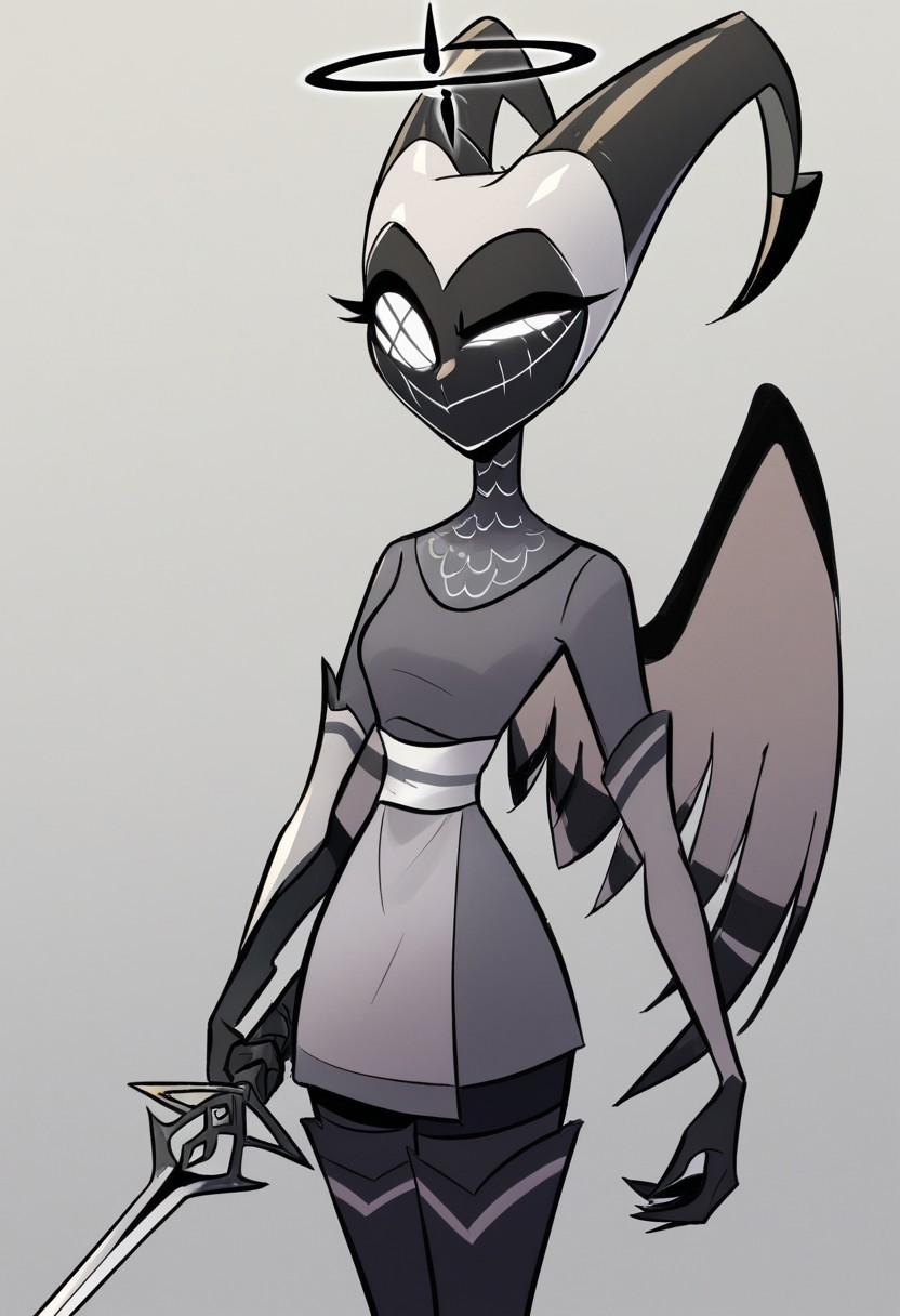 1girl, solo, Lute, Masked Lute, white eyes, crossed out eye, black halo, horns, wings, horned mask, masked skirt, short girl, smile, grey dress, white sash, thigh boots, black halo, holding weapon, chainmail collar, cross-shaped eye, score_9, score_8_up, score_7_up, no humans