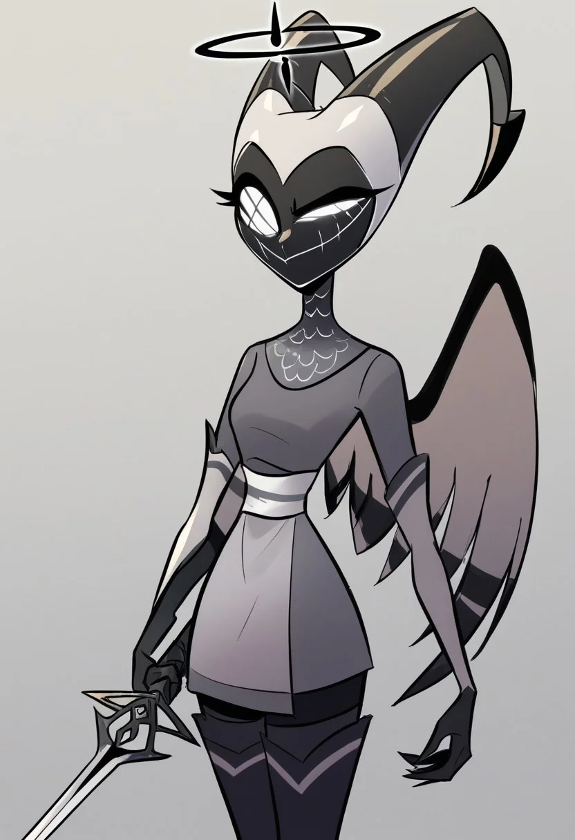 1girl, solo, Lute, Masked Lute, white eyes, crossed out eye, black halo, horns, wings, horned mask, masked skirt, short girl, smile, grey dress, white sash, thigh boots, black halo, holding weapon, chainmail collar, cross-shaped eye, score_9, score_8_up, score_7_up, no humans