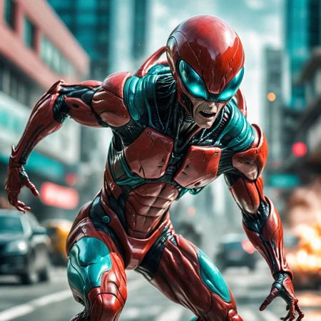Dynamic Action Shot of alien man, villain, in Bright Red and Cyan suit <lora:PerfectEyesXL:0.8> perfecteyes,<lora:add-detail-xl:0.8>,<lora:xl_more_art-full_v1:0.5> (depth of field, bokeh, 4K, hyper realism, soft light, dramatic light, sharp, HDR)4k, UHD, ultrarealistic photo, full body shot, <lora:EnvyActionShotXL01:0.5>