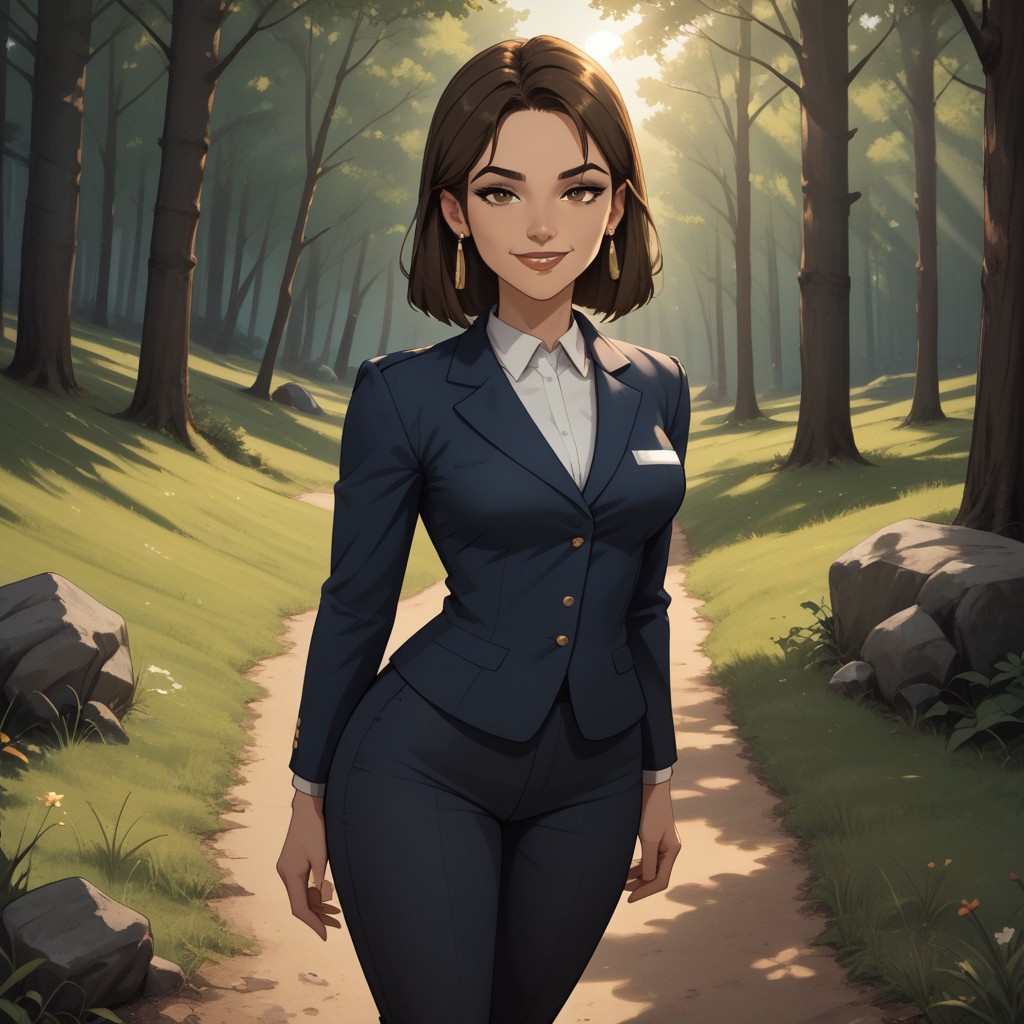 score_9, score_8, BREAK, solo, brown hair, brown eyes, brown eyeshadow, makeup, lipstick, mole under mouth, earrings, black office uniform, white shirt underneath, black pants, black high heels, breasts, Amelie_(Disventure_Camp), sexy pose, self portrait, smile, looking at viewer, outdoors, sunlight, shadows, evening lighting, natural lighting, forest, trees, grass, orange sky, sunset