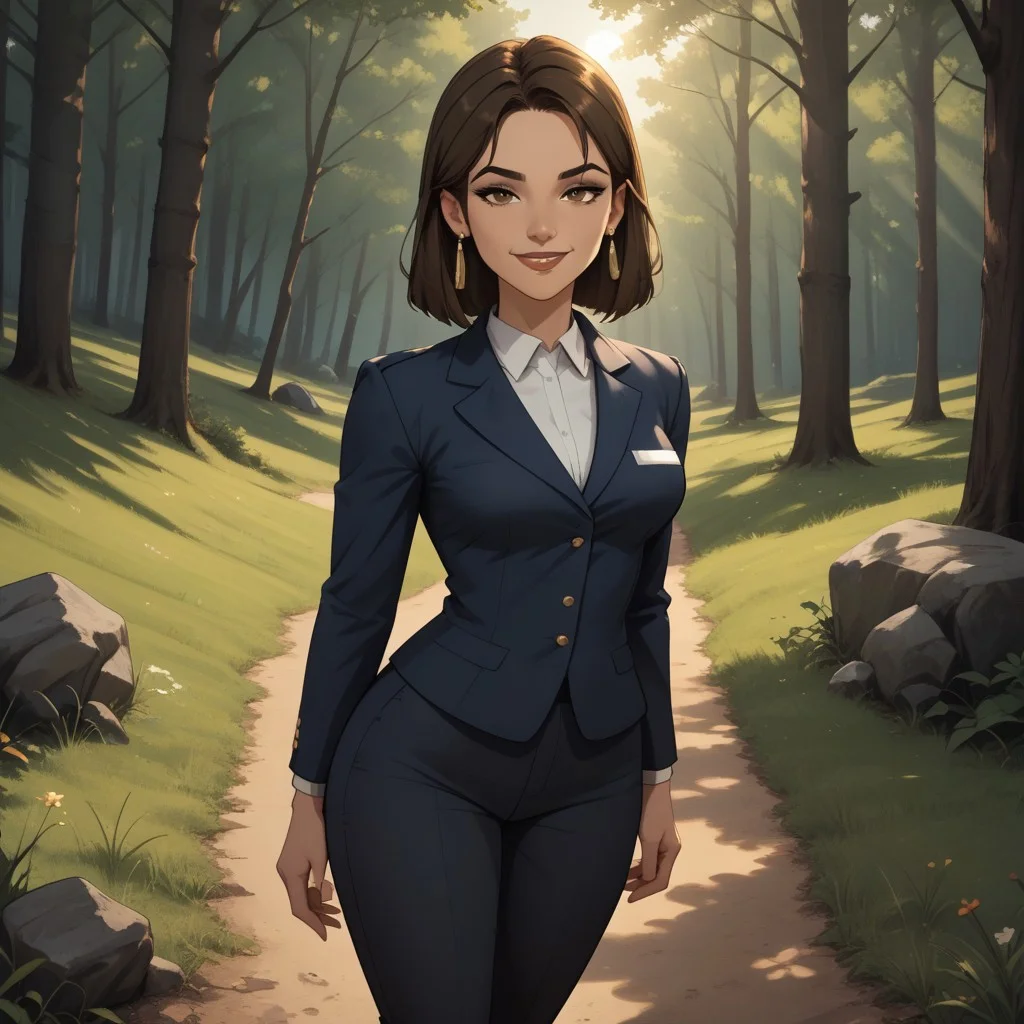 score_9, score_8, BREAK, solo, brown hair, brown eyes, brown eyeshadow, makeup, lipstick, mole under mouth, earrings, black office uniform, white shirt underneath, black pants, black high heels, breasts, Amelie_(Disventure_Camp), sexy pose, self portrait, smile, looking at viewer, outdoors, sunlight, shadows, evening lighting, natural lighting, forest, trees, grass, orange sky, sunset