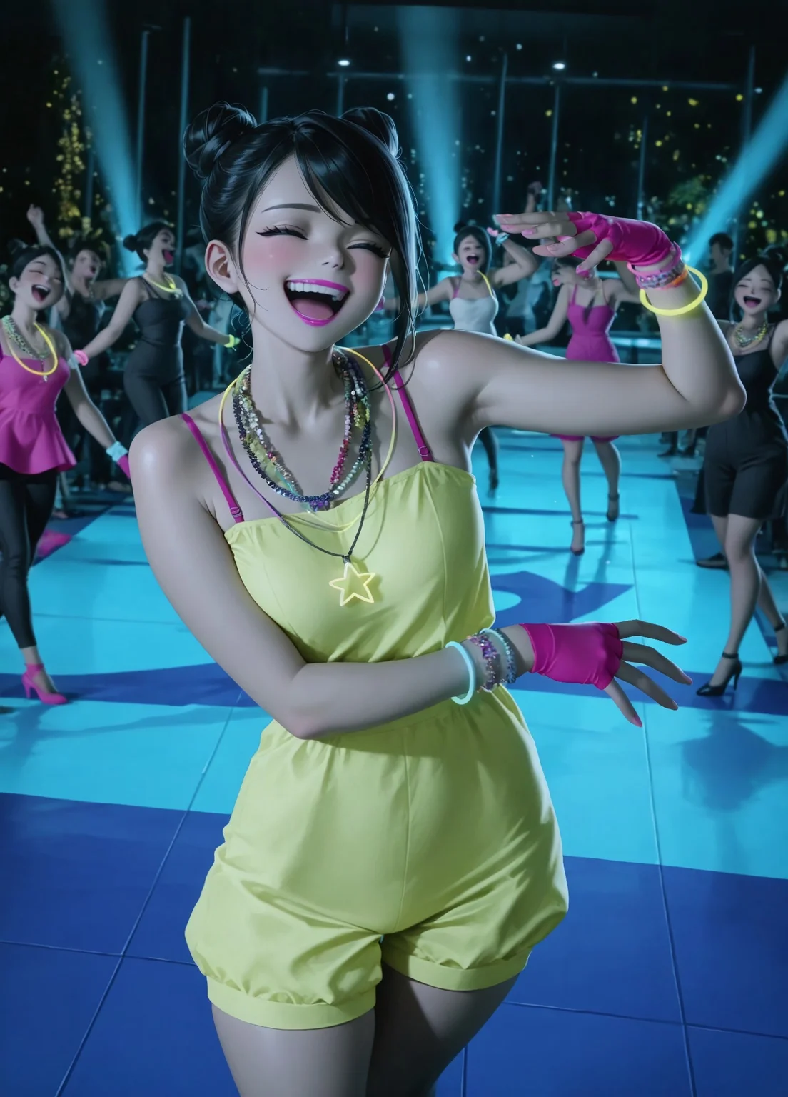masterpiece, best quality, amazing quality, absurdres,
Party_Girl, 1girl, black hair, double hair bun, pink lipstick , lipstick , side-swept bangs,
neon yellow romper, sleeveless, bra strap, glow necklace, glow bracelets, beaded necklace, pink fingerless gloves, stacked bracelets,
, dancing, happy face, on dance floor, night club background , rises the arms, moving, closed eyes, laughing,