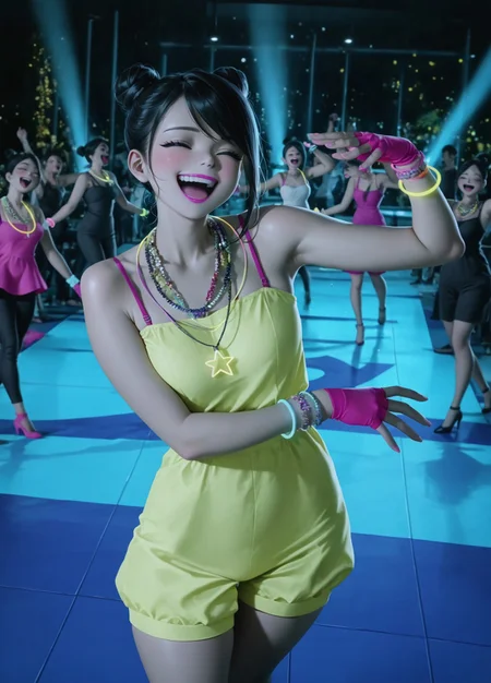 masterpiece, best quality, amazing quality, absurdres, 

Party_Girl, 1girl, black hair, double hair bun, pink lipstick , lipstick , side-swept bangs,

neon yellow romper, sleeveless, bra strap, glow necklace, glow bracelets, beaded necklace, pink fingerless gloves, stacked bracelets,

, dancing,  happy face, on dance floor,  night club background , rises the arms, moving,  closed eyes, laughing, 