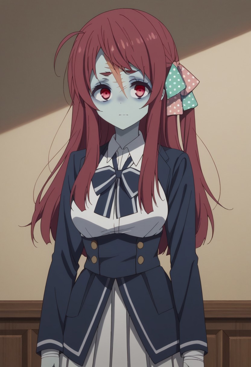 score_9, score_8_up, score_7_up, source_anime, highly detailed, 
sakuraminamoto, 1girl, scar on forehead, bandages, solo, red eyes, red hair, scar, polka dot,
school uniform, scar on face, long hair, bow, upper body, skirt, colored skin,
underbust, polka dot bow, blue skin, hair bow, 
ahoge, pleated skirt, white skirt, ribbon, standing, zombie costume,