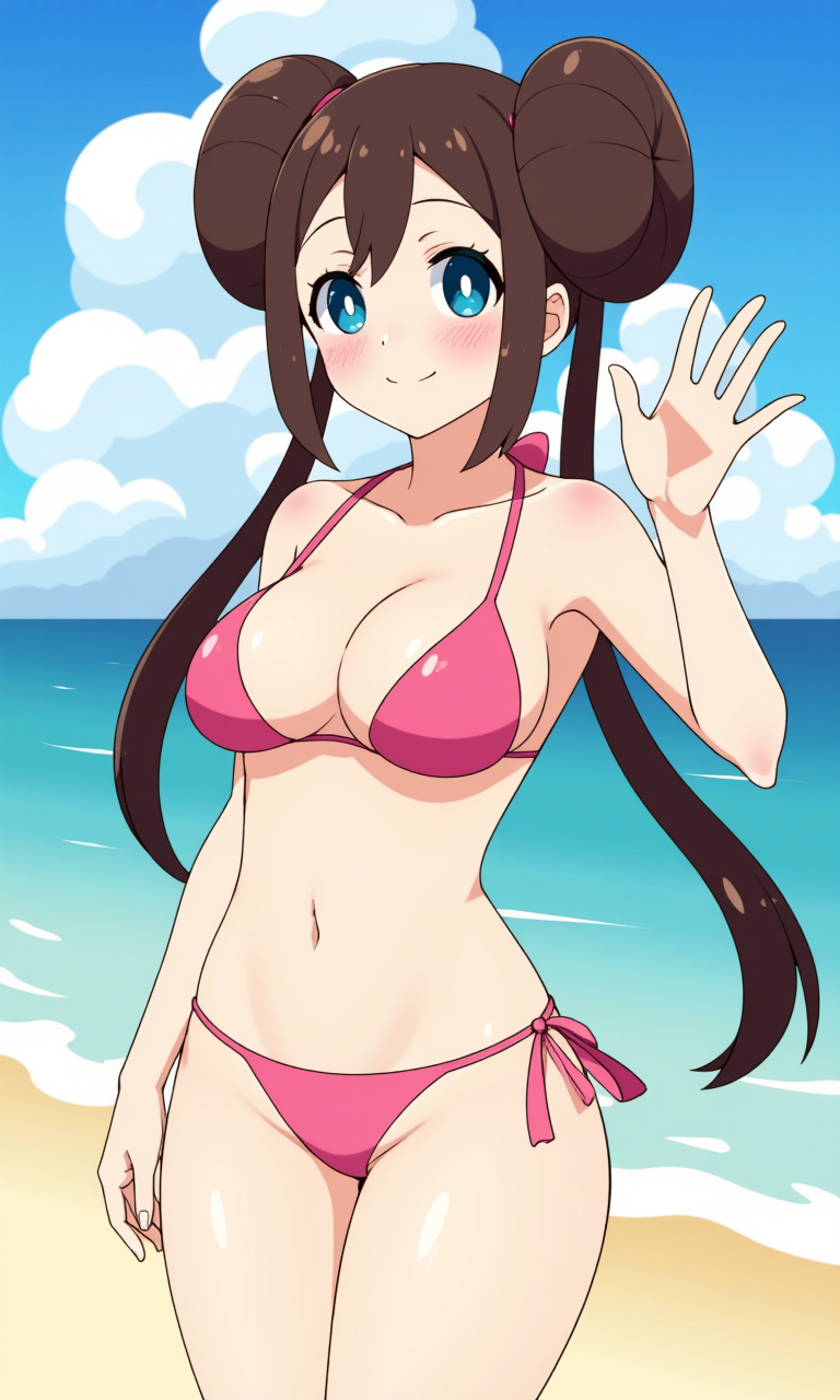 Rosa from Pokemon. She has long, dark brown hair styled in two large buns on the sides of her head, blue eyes and medium breasts. Dressed in a bikini, on the beach, waving at the photo