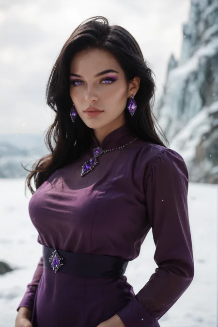 <lora:entj_v1:0.5> entj_v1, 1girl,
long hair, black hair, hair behind ear,
purple eyes,
pale skin,
breasts, medium breasts,
earrings,
purple dress ,long sleeves,
makeup,, score_9, score_8_up, score_7_up, solo,
glacial palace, a delicate blend of silvery-white tones that seem to shimmer with an otherworldly glow, Ice on the walls, looking at viewer, regal and composed,
blur censor, blurry, blurry background, blurry foreground, bokeh, motion blur,
chromatic aberration, depth of field, figure, focused, focus
