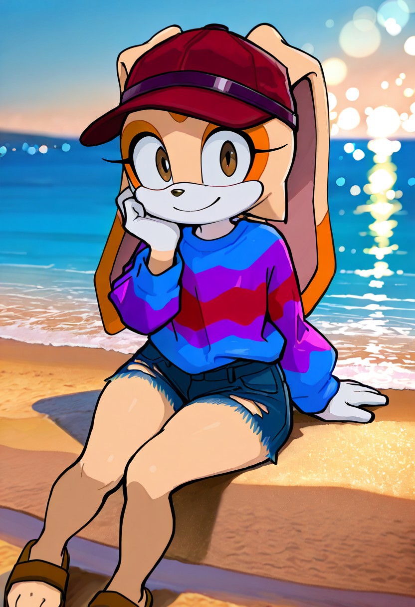 masterpiece, newest,absurdres,incredibly absurdres, best quality, amazing quality, very aesthetic, Colis4,  loose dyed sweater, blue, red and purple, tie dye sweater, red cap,purple sunglasses,ripped jeans, short jeans, brown sandals , cap wear sideways
, depth of field, blurry foreground, bokeh,Beach , palmeras, solo,Cream the rabbit, 1girl, solo, anthro, furry, female, furry female,animal nose, wide hips, smile, cute,
,sitting, hand on  cheek ,
re4lity_sync_illu