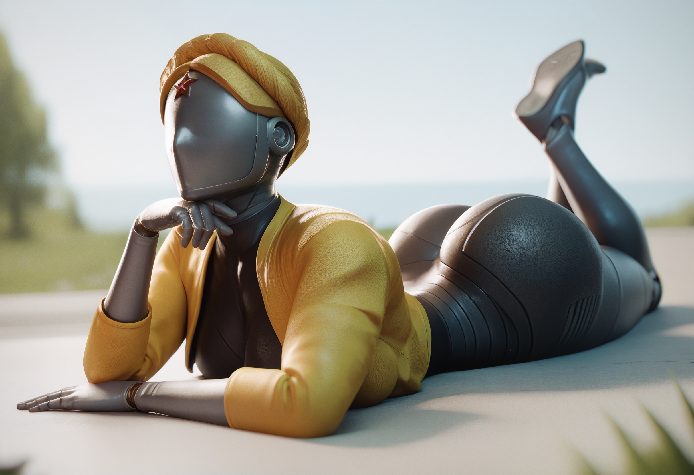 score_9, score_8_up, score_7_up, <lora:fugtrup-guy-PONY-LyCORISv1:1>, 3d, 1girl, solo, <lora:thetwins:0.8> TheTwinsSDXL, large breasts, helmet, skin tight, black bodysuit, yellow jacket, robot, ass, on stomach, the pose, depth of field, faceless,