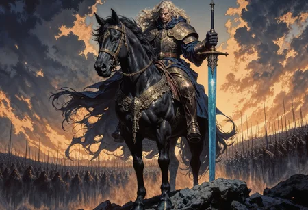 a dramatic scene of a battle. The layout is horizontal, showcasing a central figure on horseback in the foreground. The rider is clad in ornate, dark armor with intricate gold detailing, holding a glowing blue sword. The horse is muscular and dark, exuding a sense of power and movement. In the background, a large army of shadowy figures with glowing eyes stretches across the horizon, creating a sense of impending conflict. The sky is filled with dark, swirling clouds, with a hint of orange from the setting sun, adding to the ominous atmosphere. The overall color palette is dark and moody, with contrasting highlights from the sword and the sky. <lora:RetroAnimeFluxV1:0.8> <lora:Elden_Ring_-_Yoshitaka_Amano:0.75> <lora:FluxMythG0thicL1nes:0.4> <lora:ck-painterly-fantasy:0.2> <lora:flux.1_lora_ink-dynamic:0.2> <lora:Mezzotint_Artstyle_for_Flux_-_by_Ethanar:0.2>