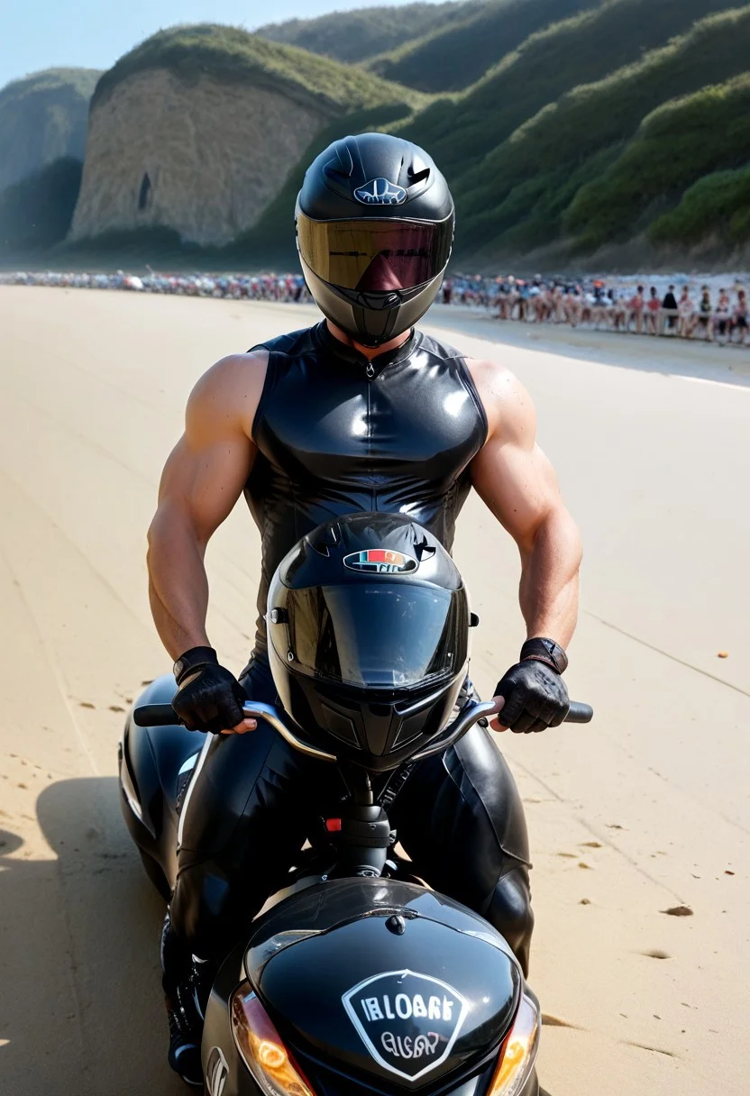 score_9, score_8_up, score_7_up, photo, photorealistic, rating_explicit, (solo:1.1), 1boy, muscular male, masculine male, (black glossy rubber full bodysuit, skintight:1.2), black rubber gloves, black rubber boots, abs, nipples, pecs, black motorcycle helmet with black tinted visor, proud, sweaty, outdoors beach, five digits, (riding a black motorcycle, driving motorcycle:1.2)