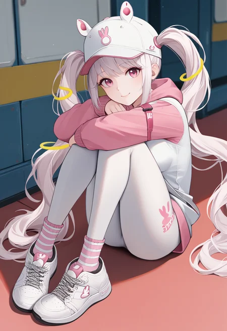 score_9, score_8_up, score_7_up, source_anime BREAK 1girl, solo, <lora:alice-nikke-richy-v2_pdxl:1> alicehdi, pink eyes, white hair, twintails, very long hair, bangs, floating hair ornament, white hat, fake animal ears, hair through headwear, medium breasts, white hoodie, pink sleeves, white leggings, sitting, knees up, full body, hugging own legs, smile, looking at viewer, sneakers, socks
