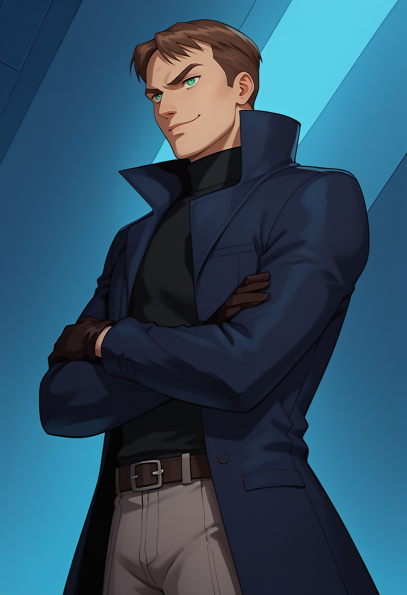 embedding:Pony\Positive\zPDXL3, 1boy, timscam_ts!, brown hair, short hair, green eyes, dark blue coat, black turtleneck, gloves, grey pants, belt, arms crossed, evil smirk, from below, dutch angle shot, from side, pov, dynamic angle best quality, high resolution, masterpiece.