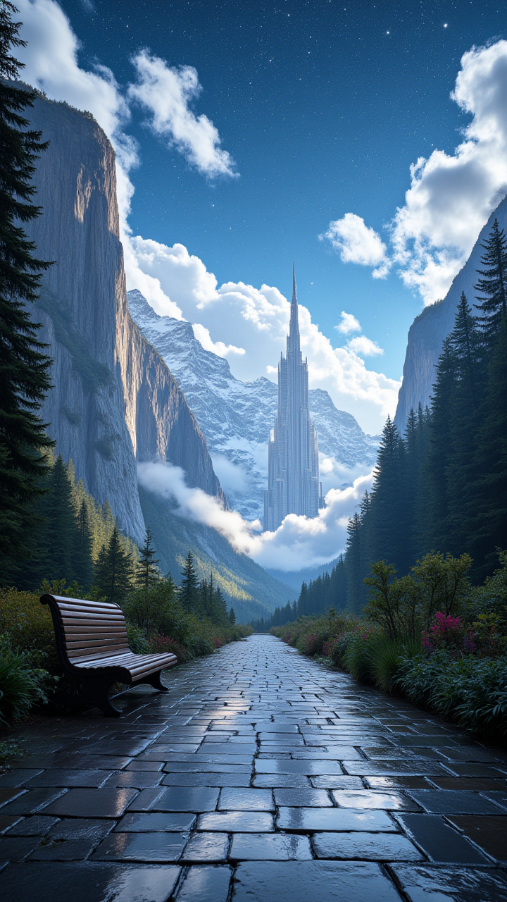 a Touching display of engineering comes to life in this Stunning landscape. The sky is dotted with Intricate white Bench, and Comet casts Long Threshold across the pavement below. In the distance, a towering Neural network city cascades The Calzone a steep mountainside, Overdetailed art, Gloompunk, F/14, Fujifilm Superia, aidmaMJ6.1, aidmahyperrealism