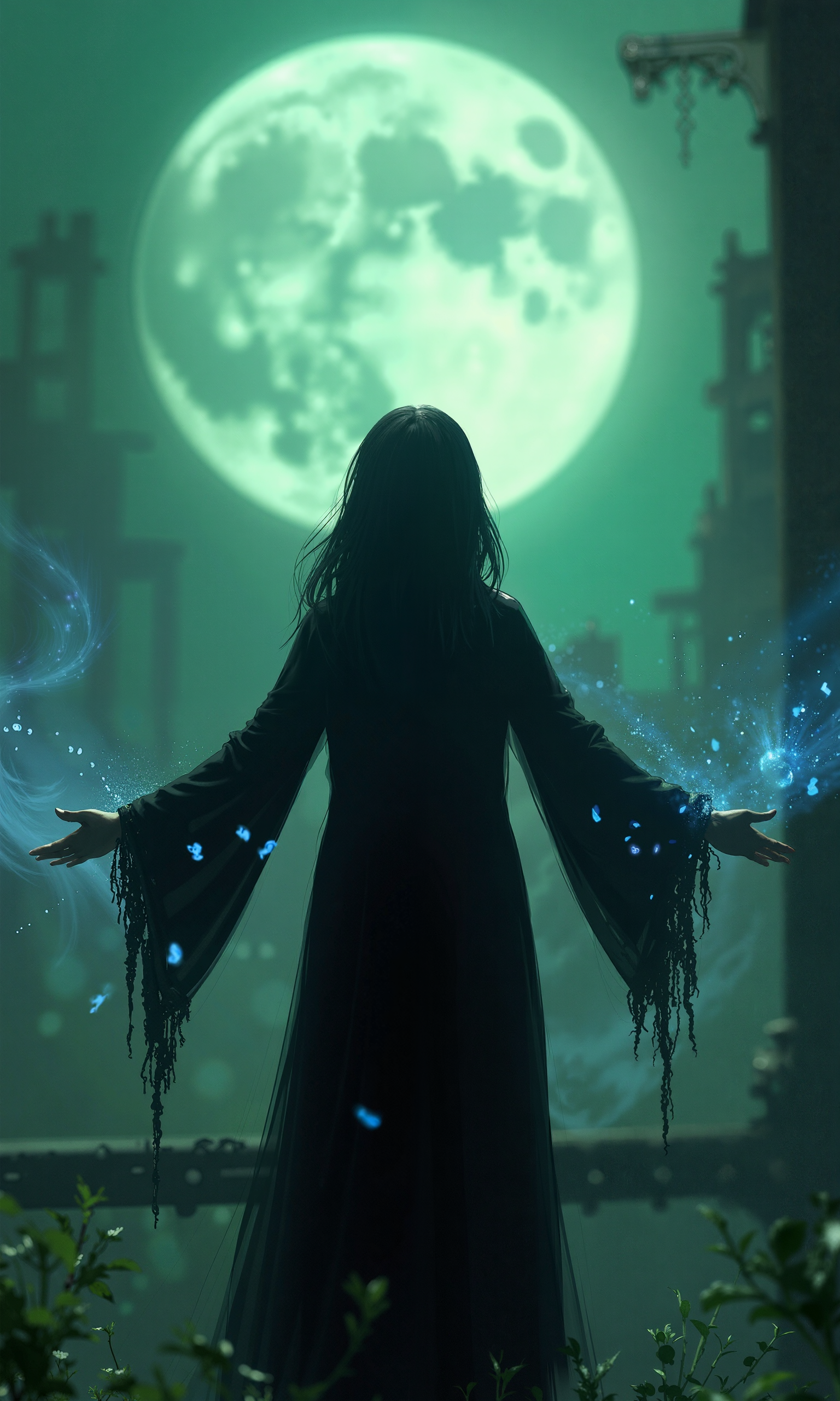In a haunting, dark fantasy scene reminiscent of Guillermo del Toro's atmospheric style, a faceless, pale-skinned gothic girl with outstretched arms and torn, intricately folded robes stands against a blurred, moonlit background, amidst dim, eerie lighting and swirling green haze, as blue magic particles dance around her, illuminated by soft, ethereal rays, with a subtle film grain and muted color grading, evoking a sense of foreboding and mystery. The painting is in the style of umesky<lora:ume_sky_v2.safetensors:0.8:0.8>