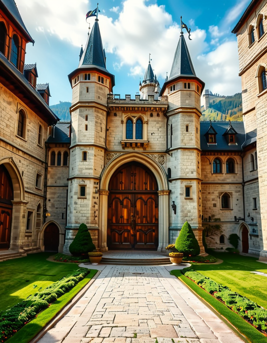 A highly detailed and realistic photograph of the massive entrance door of a medieval castle. The heavy wooden door is reinforced with large iron studs and intricate metalwork, set within a grand stone archway. The aged stone walls surrounding the entrance are weathered, covered in patches of moss and ivy, giving a sense of ancient history.
The cobblestone pathway leading to the door is slightly worn, with scattered fallen leaves and small tufts of grass growing between the stones. Above the entrance, a small, narrow window or arrow slit adds to the castleâs defensive design. The scene is illuminated by soft, natural light, casting shadows that highlight the textures of the stone and wood. The atmosphere is mysterious and majestic, evoking a sense of medieval grandeur.
<lora:SDXLFaeTastic2400:0.4> <lora:extremely_detailed:0.4> extremely detailed,  <lora:medieval_c4stl3_d00r:1>,medieval c4stl3 d00r, Masterpiece,best quality,hi res,8k,hi res,8k,award winning,(sharp focus, intricate, highly detailed),