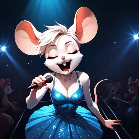 score_9, score_8_up, score_7_up, score_6_up, source_anime, anthro mouse, B3ck13M0us3, eyes closed, solo, Standing, singing, blue dress, sequin dress, cleavage, looking up, On stage, podium, holding a microphone, From above