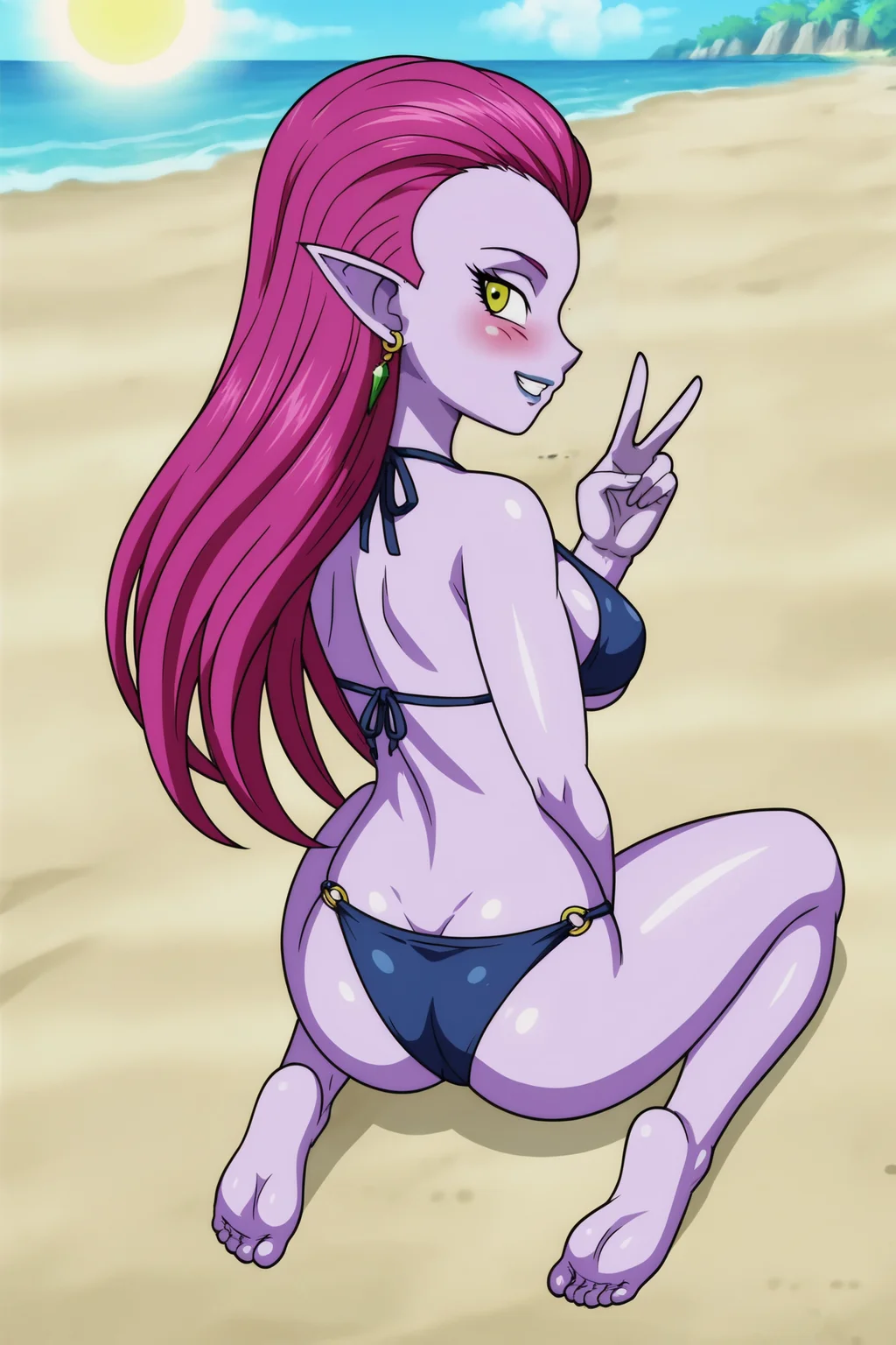 source_anime, score_9, score_8_up, score_7_up, anime screencap,
cocottedbs, high quality,
purple skin, purple hair, yellow eyes, very long hair, earrings, breasts,
sunlight, blue sky, sun,
bikini, barefoot, beach, outdoors, from above, looking back, blush, v, smile, teeth,
<lora:cocotte_pony_v1:0.8>