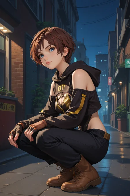 score_9, score_8_up, score_7_up, score_6_up, source_anime, 1girl, solo <lora:sblily-pdxl-nvwls-v1-000005:1> sblily, brown hair, short hair, blue eyes, leotard, cleavage, hood down, black sleeves, clothing cutout, bare shoulders, long sleeves, black pants, fingerless gloves, brown boots, medium breasts, squatting, from side, looking at you, night, alleyway, city