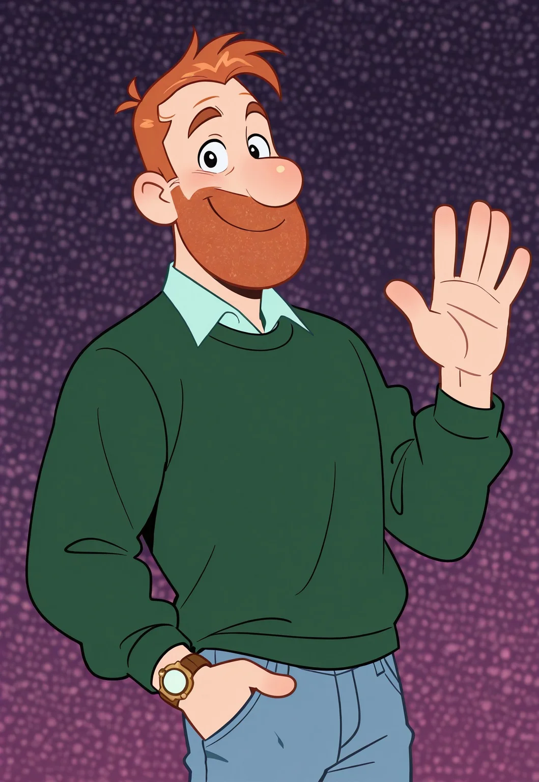 masterpiece, best quality, amazing quality, detailed background, intricate details, dynamic, cinematic, cartoon, anime, cartoon shading, solo, male focus, source_anime,high resolution, newest, depth of field, bara, yaoi, perfect face, 1boy, p3te, ginger hair, black eyes, beard, dark green sweater, light blue collared shirt, wristwatch, jeans, dark navy shoes, looking at viewer, smile, waving, upper boddy, purple background, abstract background, dutch angle