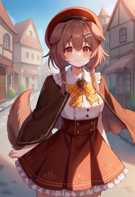 score_9, score_6_up, source_anime, 1girl, solo, town, korone_street, brown skirt, frilled skirt, collared shirt, yellow bowtie, brown capelet, beret, frills, low twin braids, bone hair ornament, dog tail, :\3 <lora:koroneXL:1>