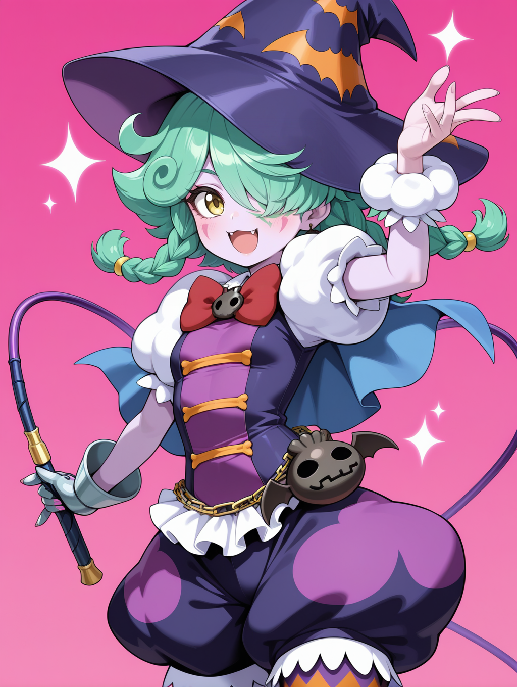 1girl, abyss actor - leading lady, purple skin, skull hair ornament, purple witch hat, red bow, purple dress, purple bloomers, single glove, bat bag, single legwear, single wrist cuff, bat earrings, blue cape, holding whip, whip, pink background, open mouth, smile,
masterpiece,best quality,amazing quality,very aesthetic,absurdres,newest,<lora:Abyss Actor - Leading Lady illusXL v1.2:0.72>,