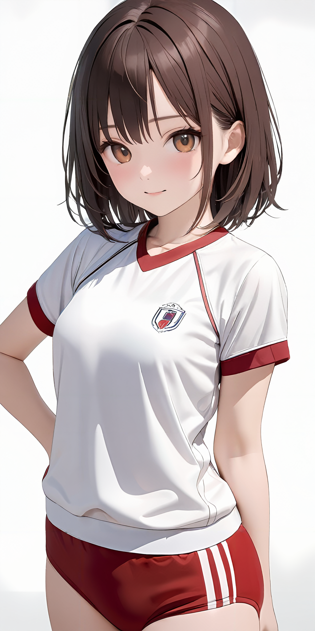 masterpiece,ultra-detailed,best quality,8K,illustration,cute face,clean skin ,shiny hair,girl,simple background,
 <lora:add-detail-xl:1> <lora:buruma_XL_V1.0:0.6> sgu,gym uniform, white shirt,red buruma