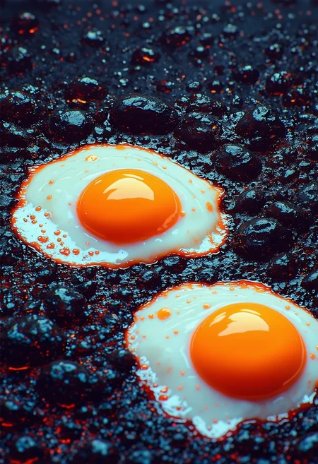 perfection style, a digital art illustration depicting fried eggs,neon,night,wet asphalt,lava