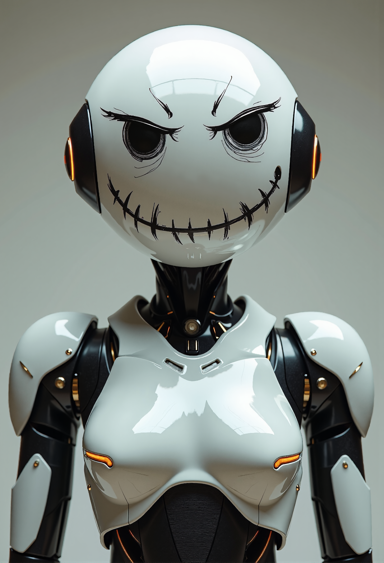 A sleek, futuristic robot with a roughly painted angry smiley face in place of its head. The robot features smooth metallic surfaces, glowing accents, and a modern, minimalist design, while the hand-drawn, aggressive smiley face contrasts with its high-tech body.