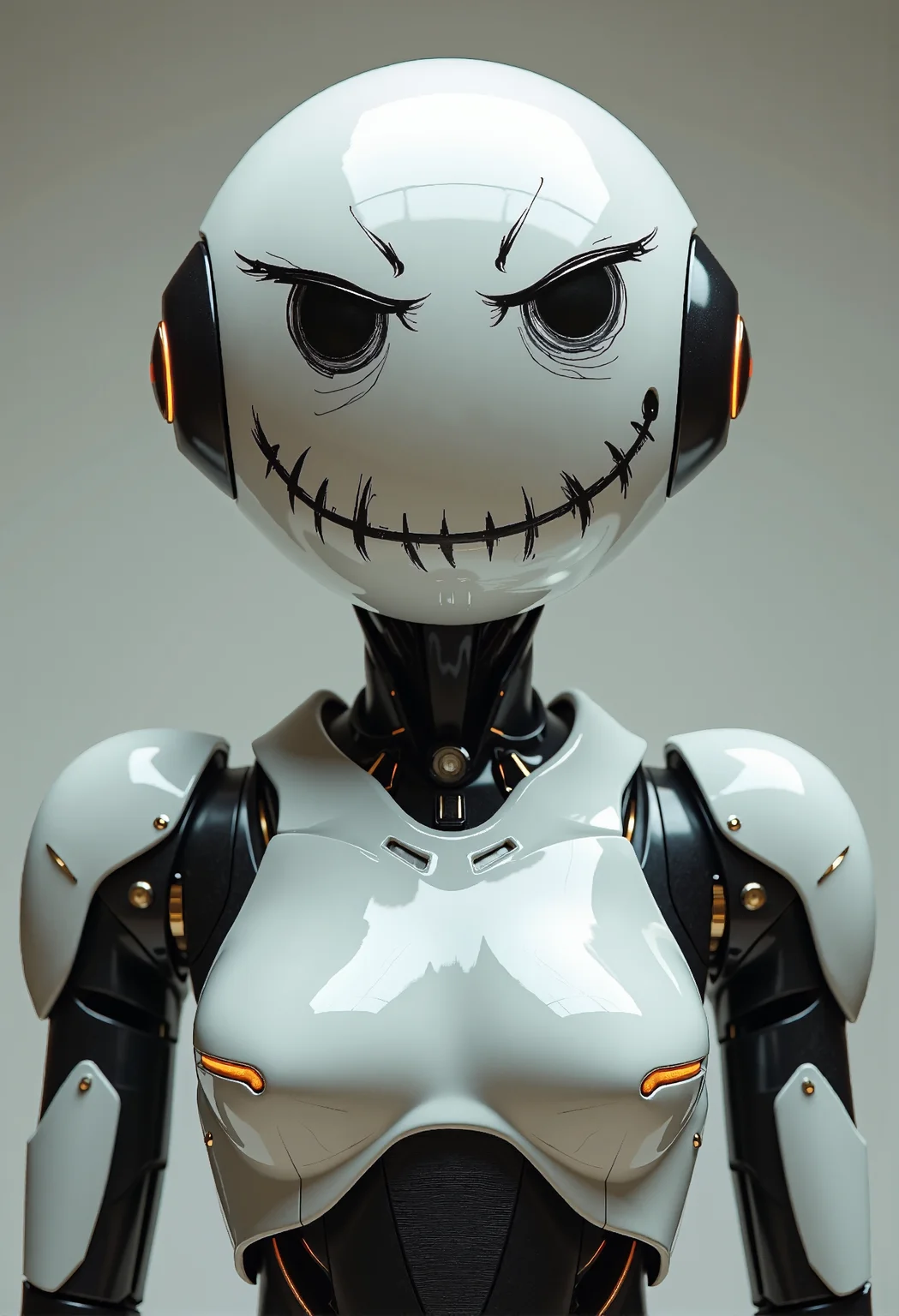 A sleek, futuristic robot with a roughly painted angry smiley face in place of its head. The robot features smooth metallic surfaces, glowing accents, and a modern, minimalist design, while the hand-drawn, aggressive smiley face contrasts with its high-tech body.
