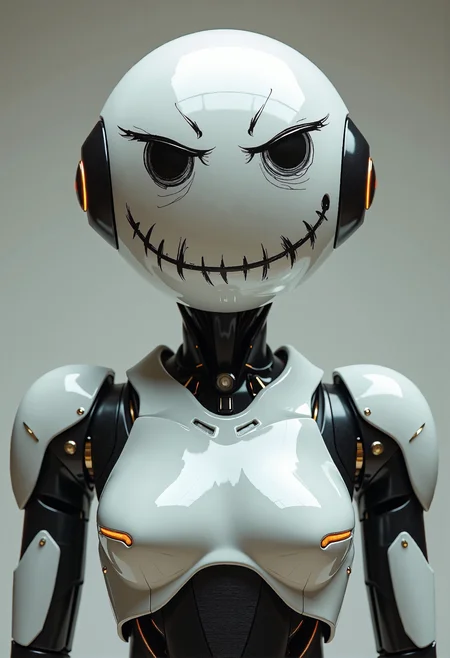 A sleek, futuristic robot with a roughly painted angry smiley face in place of its head. The robot features smooth metallic surfaces, glowing accents, and a modern, minimalist design, while the hand-drawn, aggressive smiley face contrasts with its high-tech body.