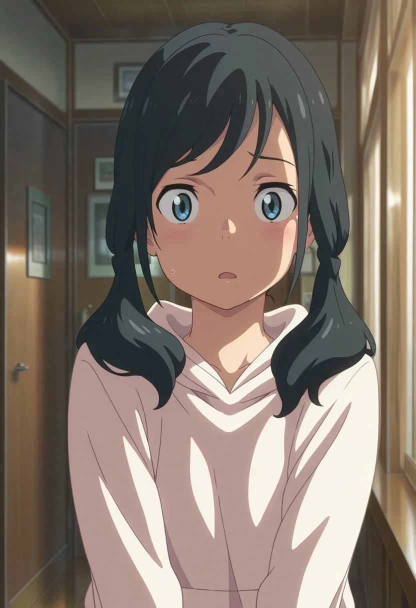 masterpiece,best quality,amazing quality, amano hina, black hair, long hair, low twintails, blue eyes, 1girl, solo, twintails, hood, indoors, hoodie, hood down, upper body, anime coloring
