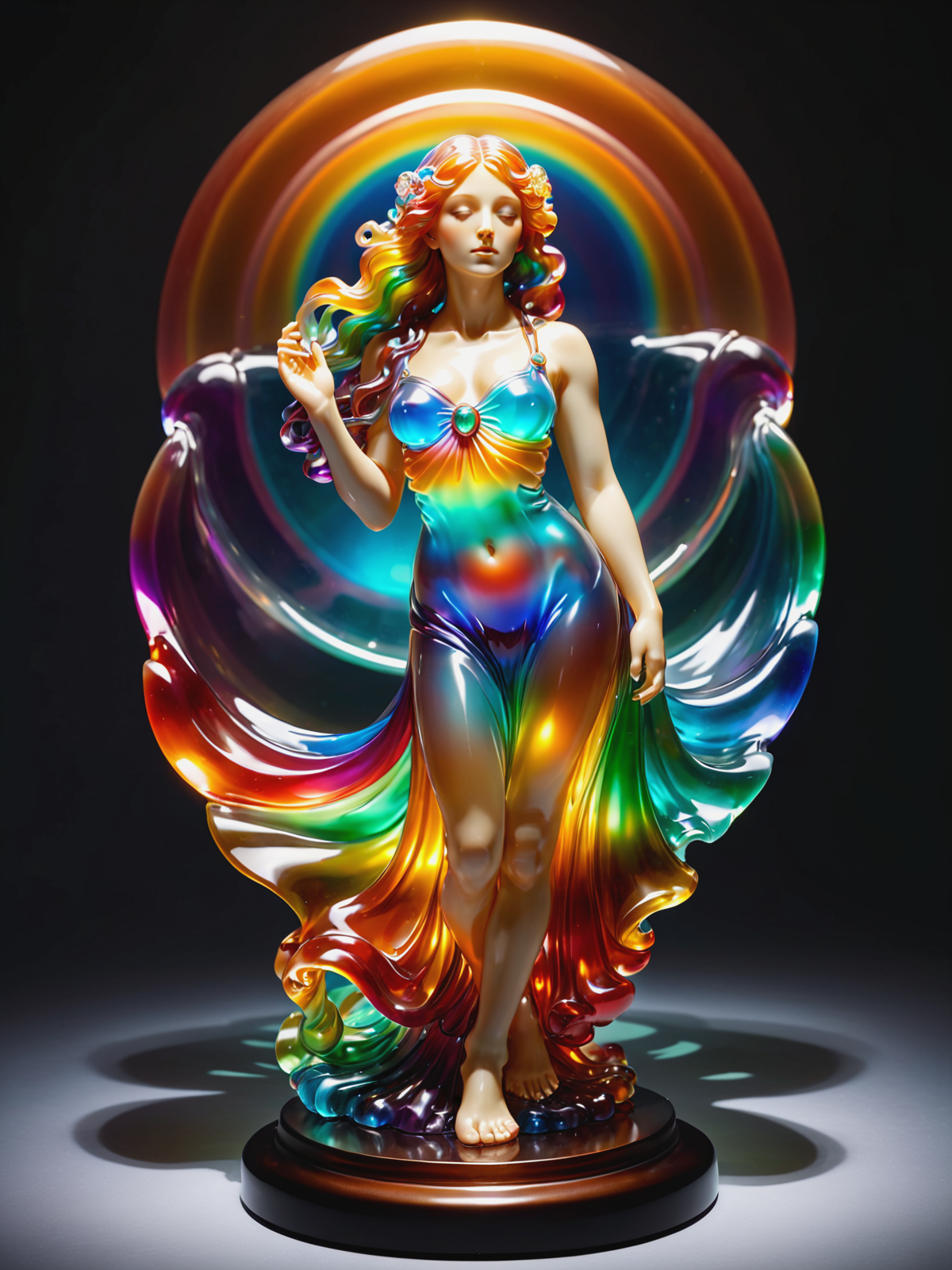 statue of a woman in the style of alphonse_mucha, rainbow colors, floating hair, spotlight,   <lora:JellyStyle:0.8>, (masterpiece:1.2), best quality