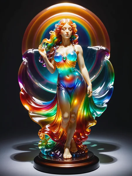 statue of a woman in the style of alphonse_mucha, rainbow colors, floating hair, spotlight, <lora:JellyStyle:0.8>, (masterpiece:1.2), best quality