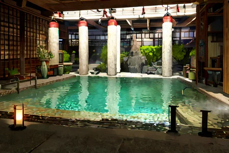 highly insanely detailed, masterpiece, top quality, best quality, highres, 4k, 8k, RAW photo, (very aesthetic, beautiful and aesthetic),
Ancient Roman Interior Design,RomInt,ancient_roman_atrium,compluvium,impluvium,
<lora:RomanInterior-10:1>,
(1girl:1.3),
1other,
,
short hair with long locks,tendril bangs hairstyle,low twin braids,hair ornament,
,
japanese onsen,onsen,
,âââ