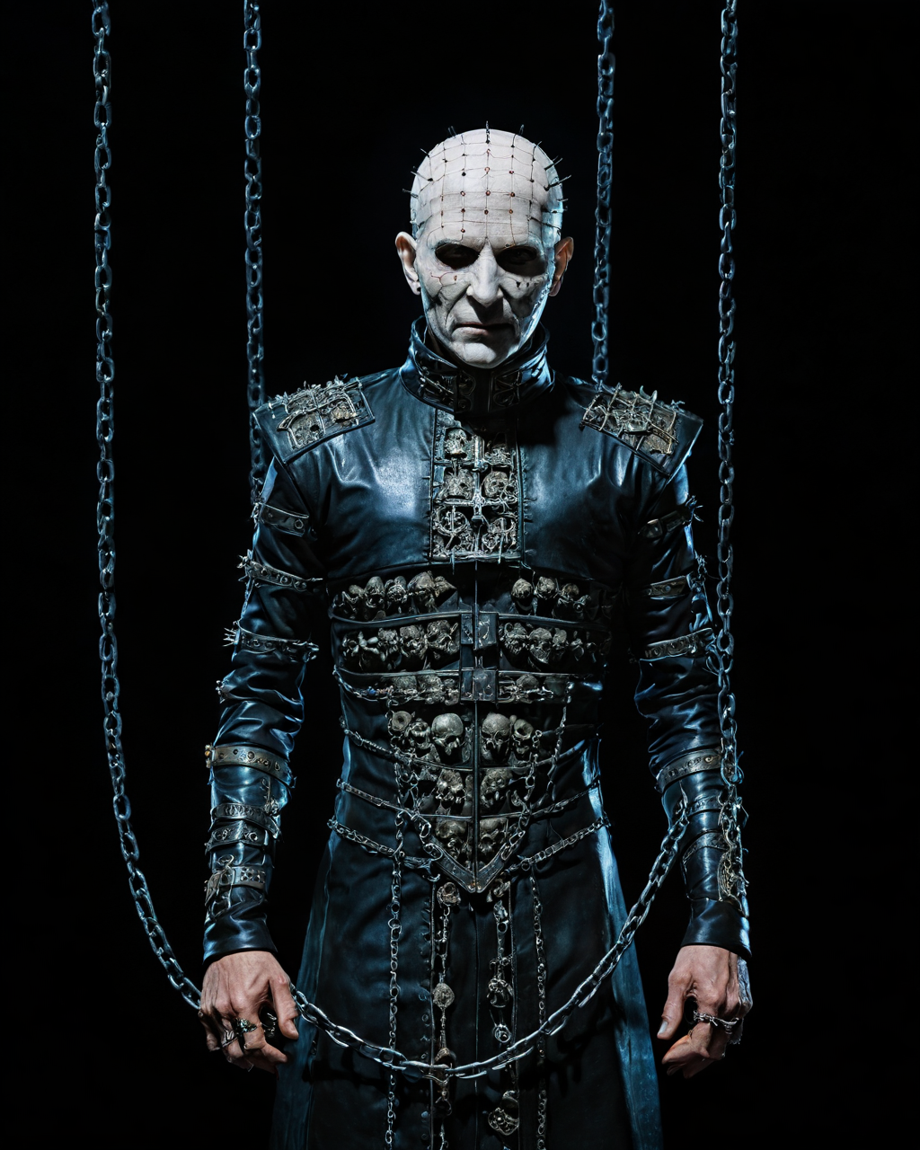 hellraiser Cenobite, chains, full body, black background, <lora:add-detail-xl:1.0>,  <lora:xl_more_art-full_v1:0.4>,