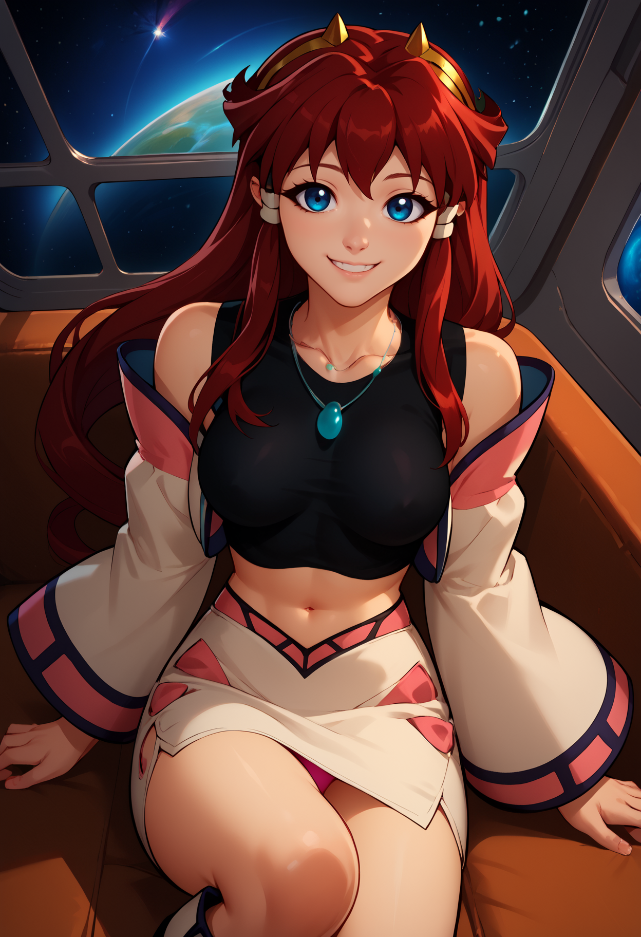 score_9, score_8_up, score_7_up, 1girl, solo, ditlieb, blue eyes, long hair, sidelocks, hair tubes, red hair, large breasts, hairband, horns, <lora:DitaLiebelyPDXL_V1-Manityro-CAME:1.0>,
ditoutfit, cropped jacket, open clothes, long sleeves, collarbone, necklace, crop top, black shirt, tank top, midriff, white skirt, knee boots, pink panties,
looking at viewer, smile, sitting, lounging, leaning back, high-angle view, knee up,
space, blue nebula, sitting, indoors, spacecraft interior,