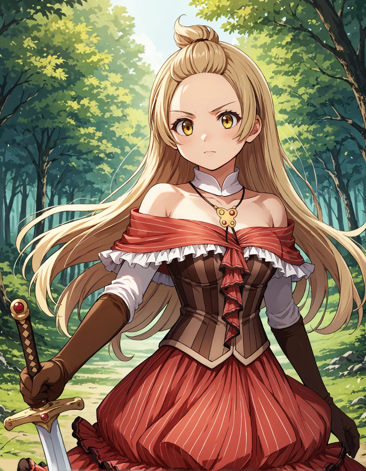 score_9, score_8_up, source_anime, 1girl, upper body, medium shot, detailed, mgrcazumihagumu, hgmmgc, blonde hair, long hair, yellow eyes, brown hairclip, white detached collar, black necklace, gold pendant, red frilled off-shoulder dress, white frills, brown corset, brown elbow gloves, red frilled skirt, holding sword, outdoors, forest, (dynamic pose), wind, <lora:mgrcazumihagumu_XL:0.9>