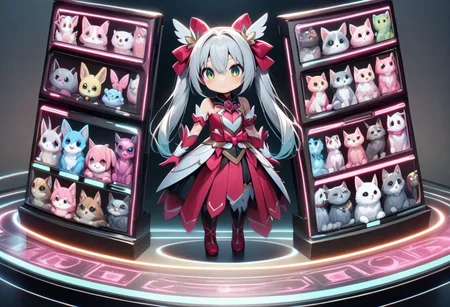 best quality, high resolution, a display stand for a magical girl with details of cute pets