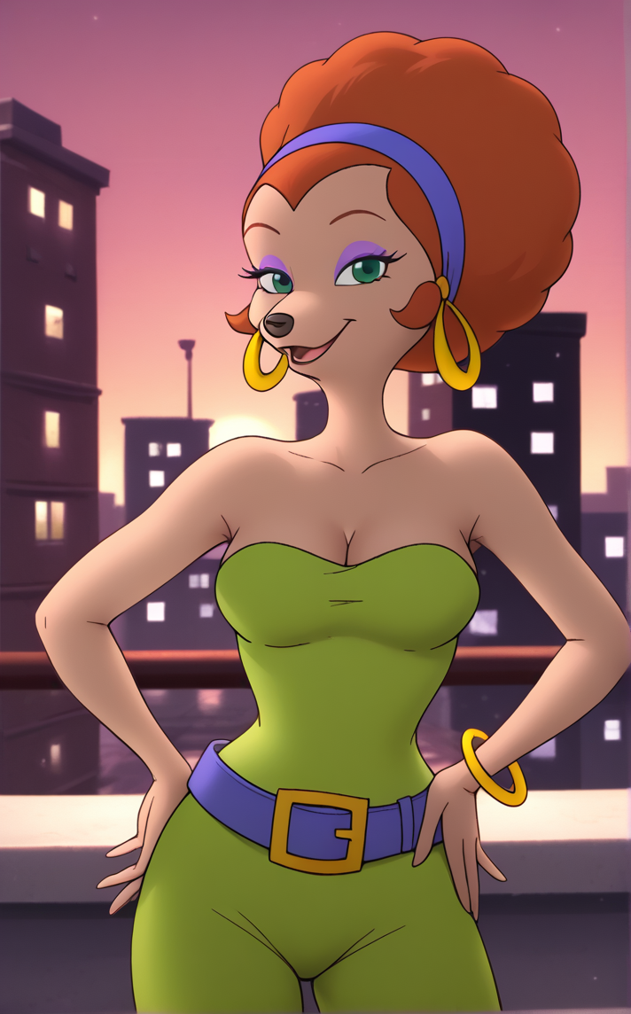 score_9, score_8_up, score_7_up, contrapposto, hand on hip, sunset, sidelighting, cityscape, vanishing point, outdoors, depth of field, solo, looking at viewer,   <lora:PONYXL_GoofyM_SylviaMarpole_ownwaifu:1>, BREAK GreenDressAfro_SylviaMarpole_ownwaifu, 1girl, animal nose, dog girl, furry female, green eyes, jewelry, orange hair, snout, bare shoulders, hoop earrings, makeup, short hair, purple hairband, afro, purple eyeshadow, sidelocks, cleavage, strapless dress, big hair, medium breasts, green dress, purple belt, lipstick, bangle, headband, green pants, strapless, curly hair, belt, collarbone, breasts, eyelashes, belt buckle, sleeveless, earrings, gold bracelet, gold earrings, hair ornament, hair ribbon, large breasts, loose belt, <lora:Expressive_H:0.15> <lora:add-detail-xl:0.15>,