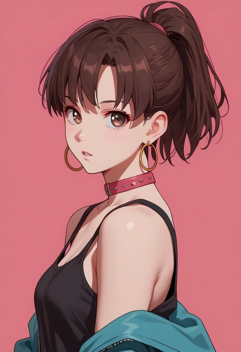 score_9, score_8_up, score_7_up, source_anime,
c0l0r1f1c4t10ncy4n,ColorificationCyan,Colorification Cyan, 1girl,Megumi <lora:KatoMegumi:1>,brown hair,katou megumi,brown eyes, short hair, ponytail, simple background, bare shoulders, jewelry, medium breasts, jacket, upper body, earrings, parted lips, choker, off shoulder, collar, from side, looking at viewer, pink background, tank top, ear piercing, hoop earrings,