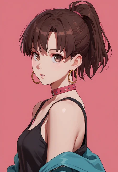score_9, score_8_up, score_7_up,  source_anime,
c0l0r1f1c4t10ncy4n,ColorificationCyan,Colorification Cyan, 1girl,Megumi <lora:KatoMegumi:1>,brown hair,katou megumi,brown eyes, short hair, ponytail, simple background, bare shoulders, jewelry, medium breasts, jacket, upper body, earrings, parted lips, choker, off shoulder, collar, from side, looking at viewer, pink background, tank top, ear piercing, hoop earrings,