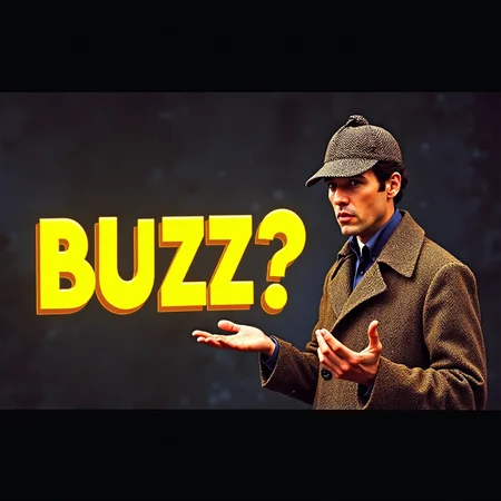 This is a VHS movie title card with a retro aesthetic, likely from the 1980s or early 1990s. The title of the movie is "BUZZ?" in stylized yellow neon cartoon text. VHS scanlines are visible along with JPEG artifacts. The background of the image features a very confused Sherlock Holmes shrugging. Sherlock is dressed in a trenchcoat and his iconic herringbone deerstalker hat, and is holding a magnifying glass. <lora:vhstitlecardf1:1>