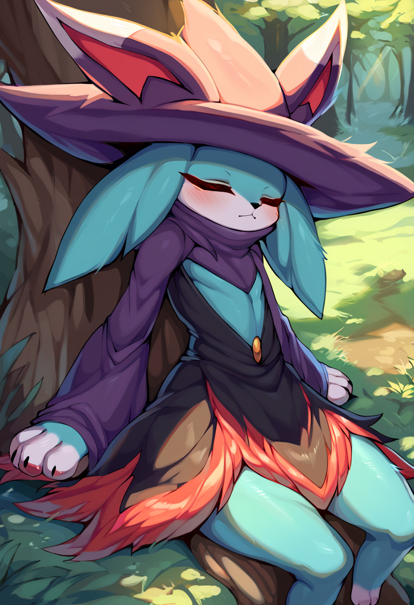 <lora:PW_Katress_a1_8_PonyXL_spnckpt1_th-1.4>,<lora:PDXL_artist_tags_v2_big>,score_9,score_8_up,score_7_up,pwkatress,anthro,female,by zackary911,by syuro,by hanuvo,solo,hi res,detailed background,forest,
flat chested,handpaw,eyes closed,sleeping,sitting,leaning against tree,three-quarter view,leaning back,