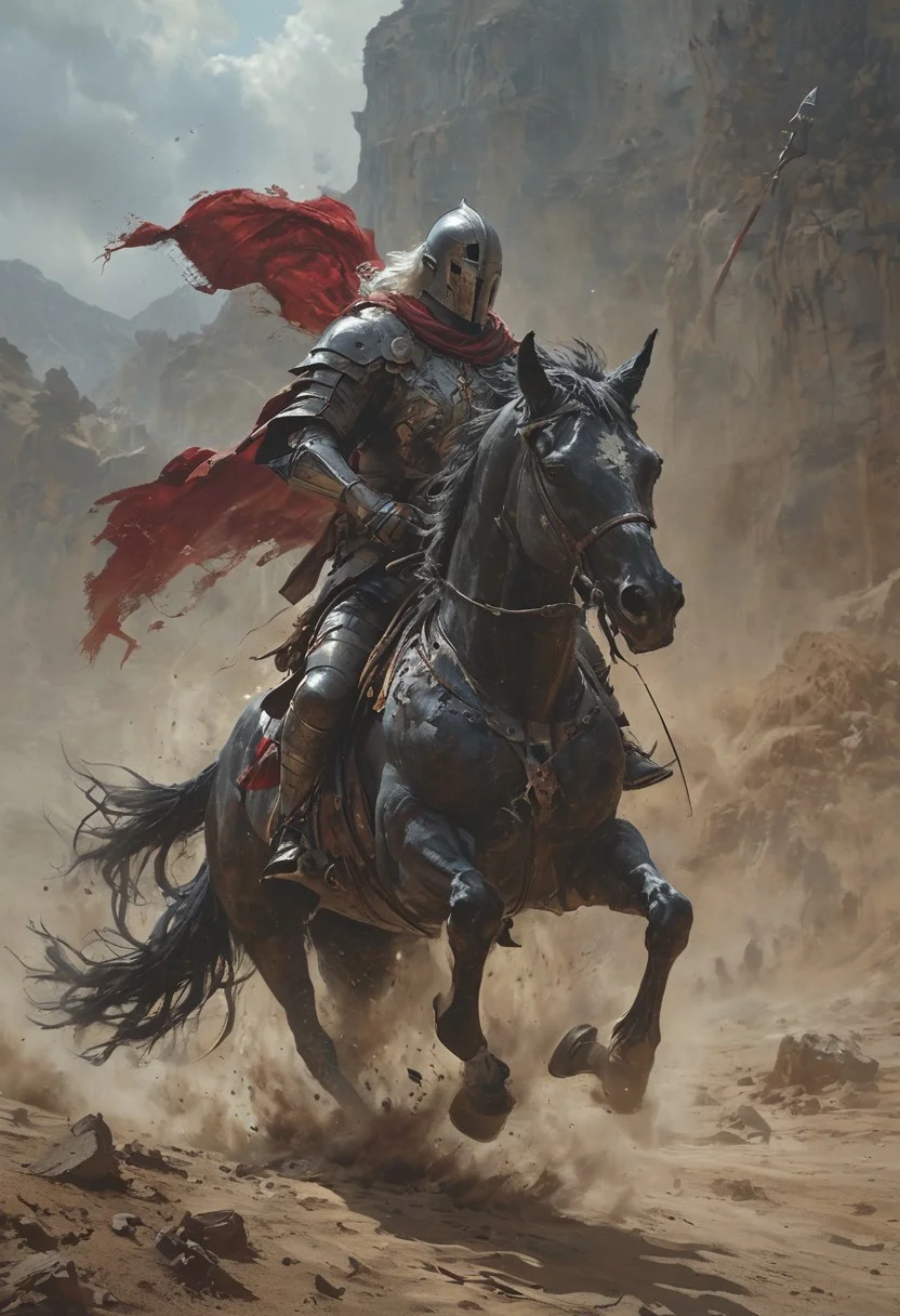 dramatic and intense scene, a valiant knight in full armor charging forward on a powerful black horse across a dusty battlefield, the knight holding a tattered black flag emblazoned with a royal crest, In the background a medieval castle looms against the barren, rocky landscape, high stakes and fierce conflict, Dust billows around the charging horse, emphasizing the speed and urgency of the scene, <lora:MJ52:0.6>, <lora:EpicF4nta5yXL:0.8>, <lora:add-detail-xl:1>, <lora:zavy-cntrst-sdxl:1>