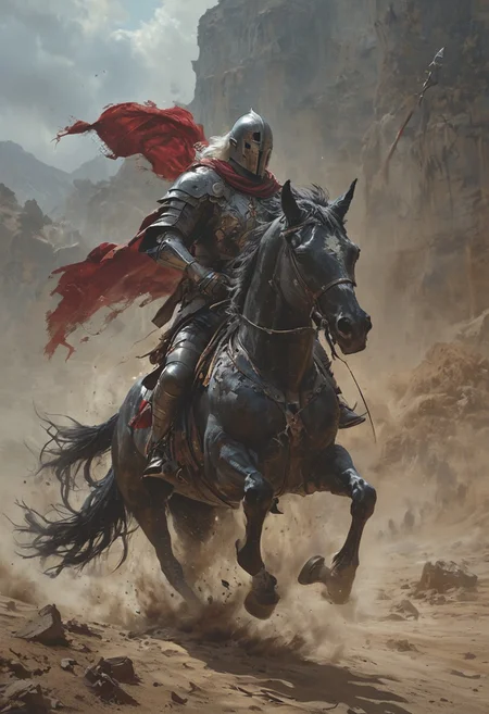 dramatic and intense scene, a valiant knight in full armor charging forward on a powerful black horse across a dusty battlefield, the knight holding a tattered black flag emblazoned with a royal crest, In the background a medieval castle looms against the barren, rocky landscape, high stakes and fierce conflict, Dust billows around the charging horse, emphasizing the speed and urgency of the scene, <lora:MJ52:0.6>, <lora:EpicF4nta5yXL:0.8>, <lora:add-detail-xl:1>, <lora:zavy-cntrst-sdxl:1>