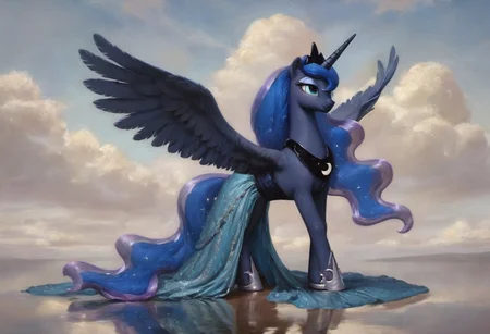 princess luna, feral alicorn, sky blue dress, score_9, score_8, lace, silk, spread wings, detailed
