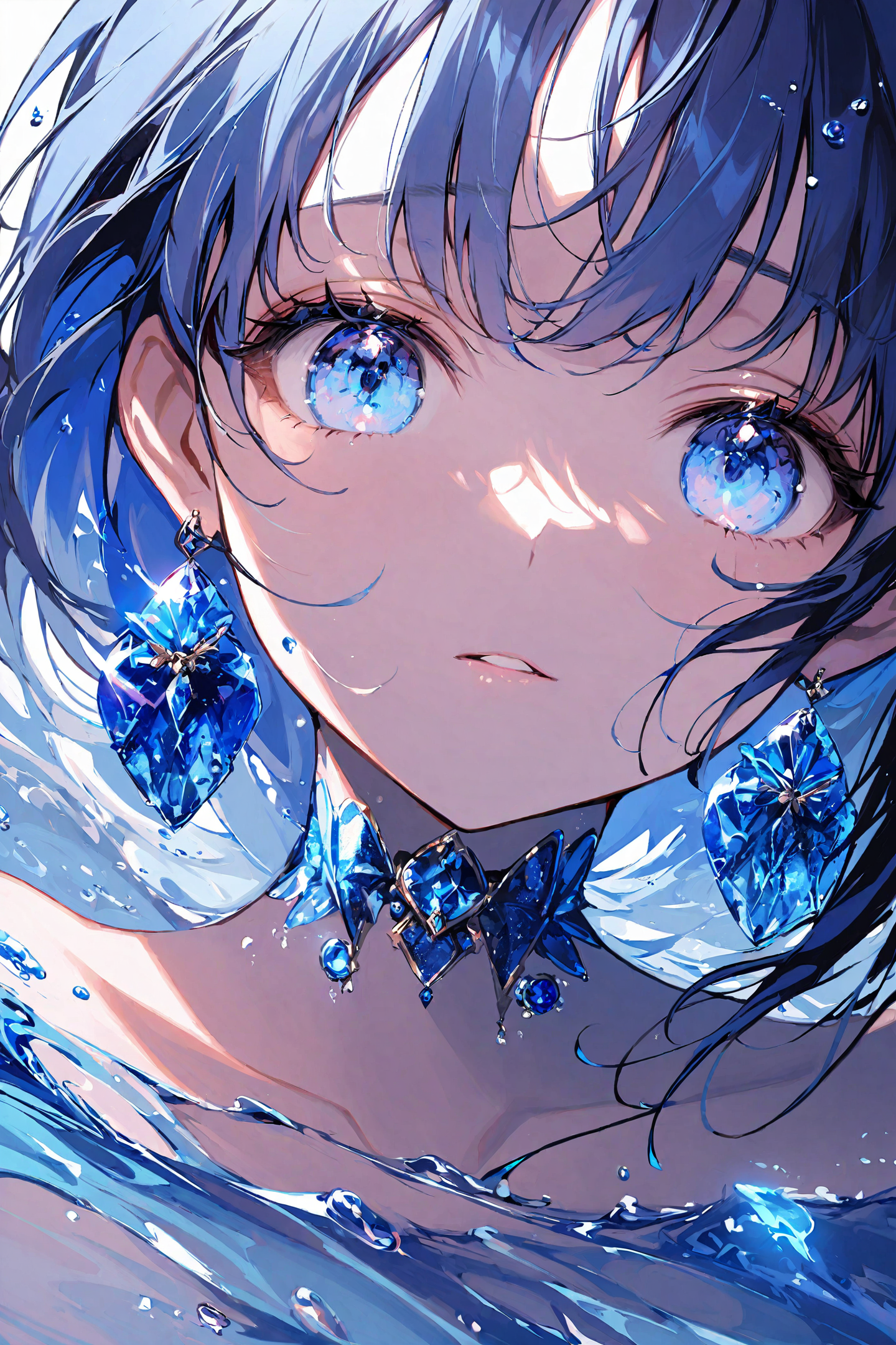 1girl, blue eyes, solo, blue hair, earrings, gem, jewelry, looking at viewer, collarbone, water, blue gemstone, blue theme, eyelashes, bangs, portrait, parted lips,
<lora:Hyatsu_XL:0.8>,