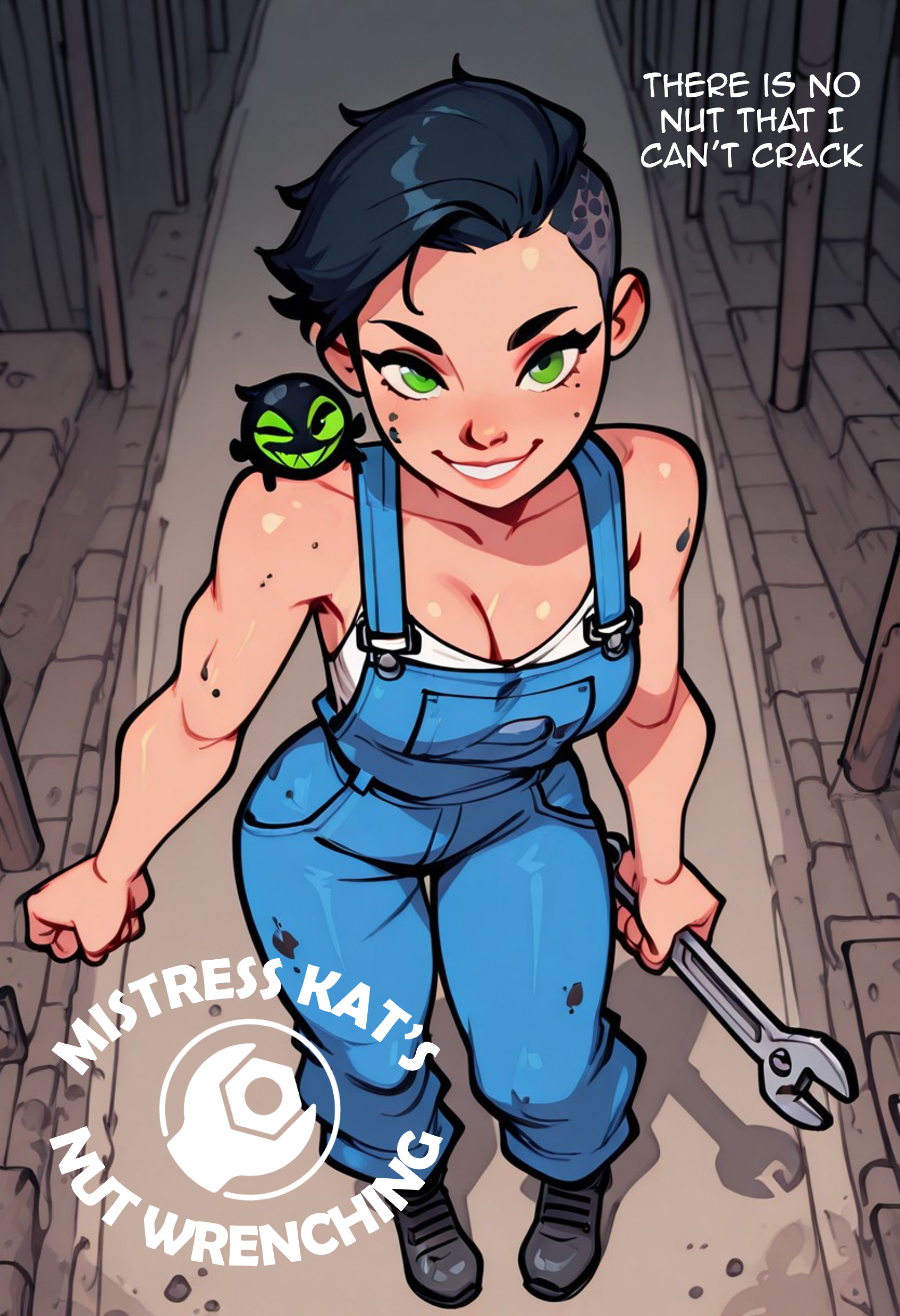 bridgetoon, kat_prime, Masterwork, masterpiece, best quality, (very aesthetic:1.2), (absurdres:1.2), newest, BREAK
dutch angle, wide shot, 1girl(green eyes, black hair, shaved sides), holding massive wrench resting on shoulder, loose coveralls, wicked smile, looking at viewer, exposed cleavage, stains on face, stains on clothes, stains on arms and hands, large steel toe work boots, dynamic poses